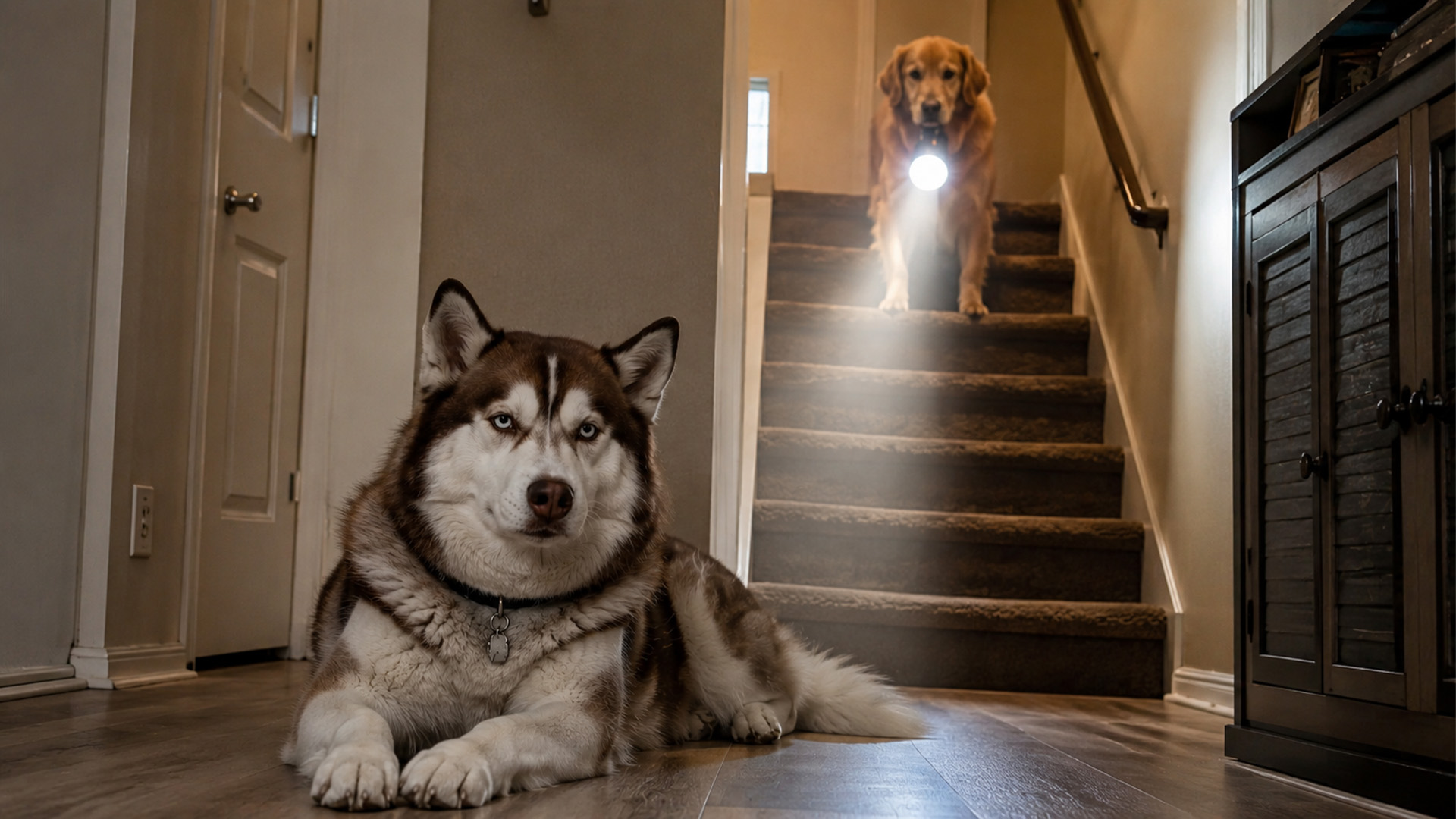 Golden retriever starts a staircase investigation