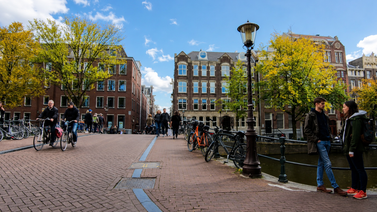 Bicycles and autumn trees along an Amsterdam canal (4K)