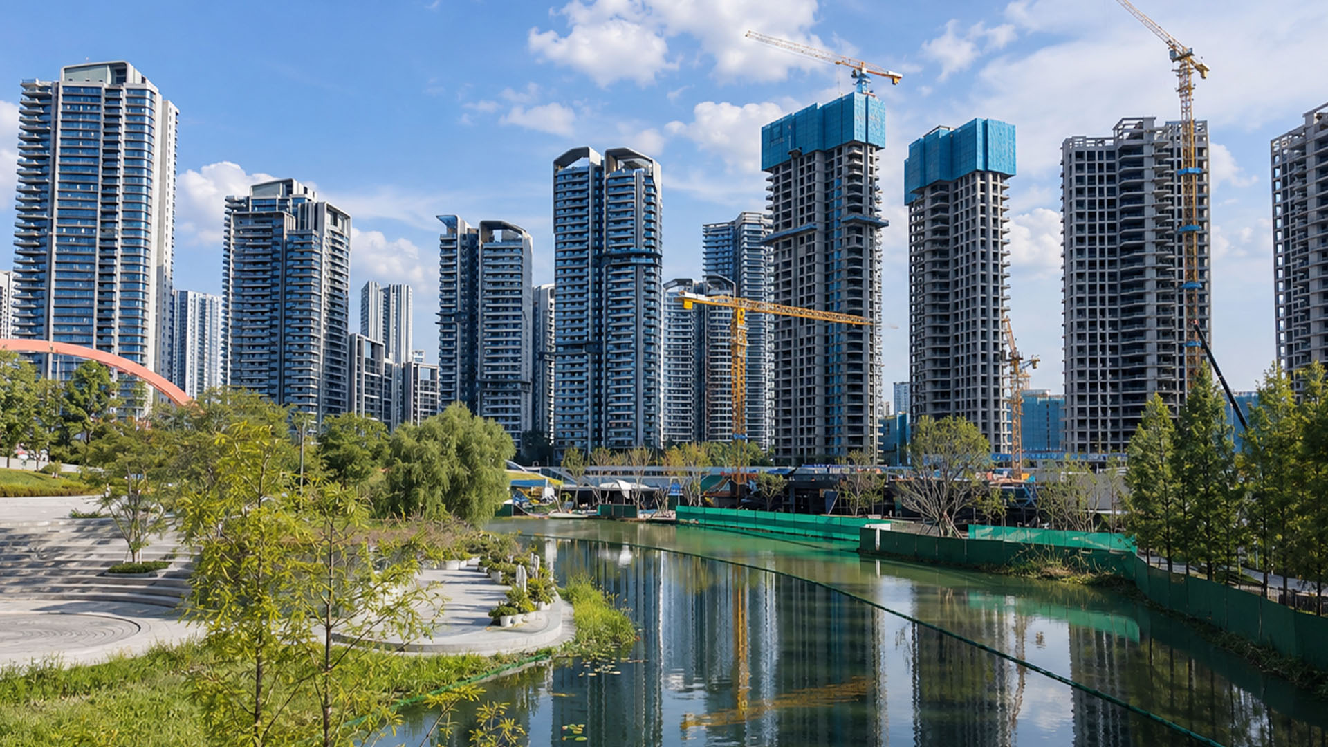 Contemporary high rise towers stand beside landscaped lake and green ...