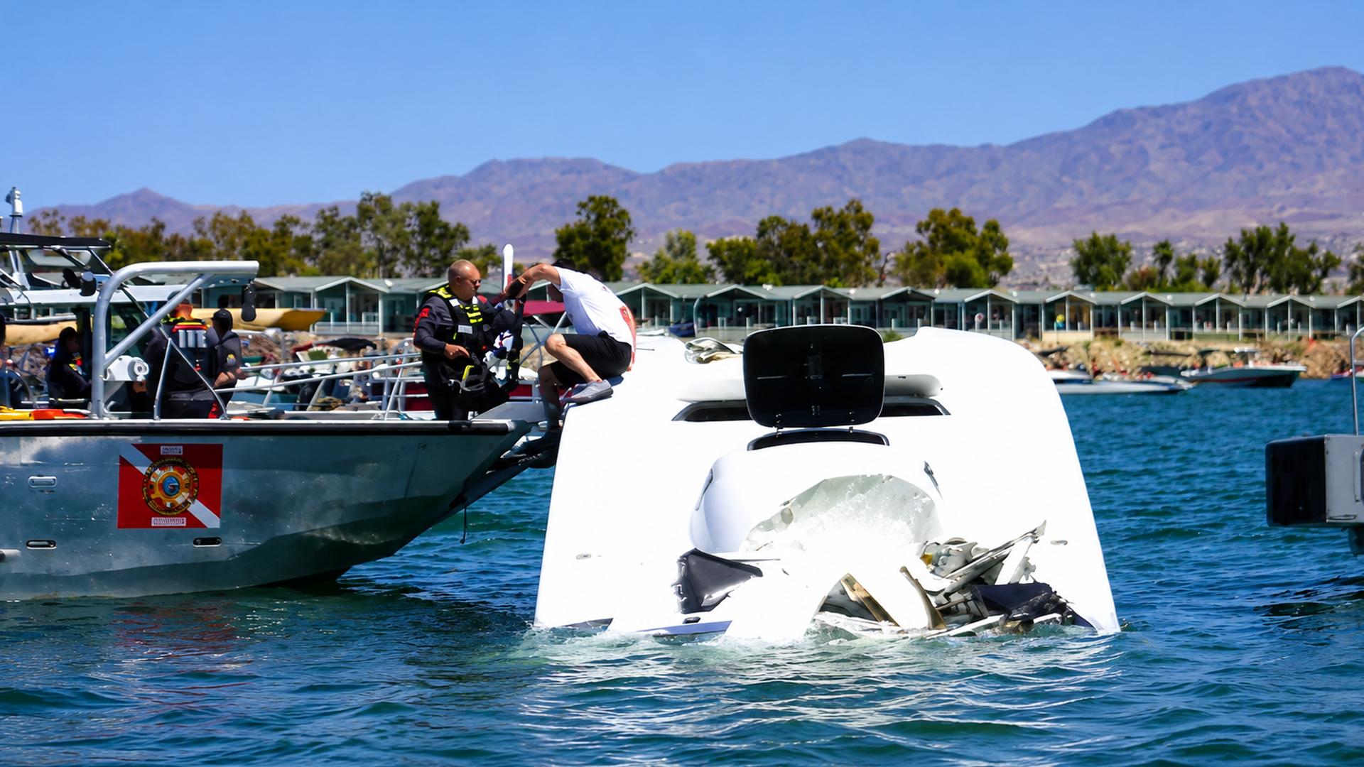 Rescue crew reaches flipped speed boat after crash