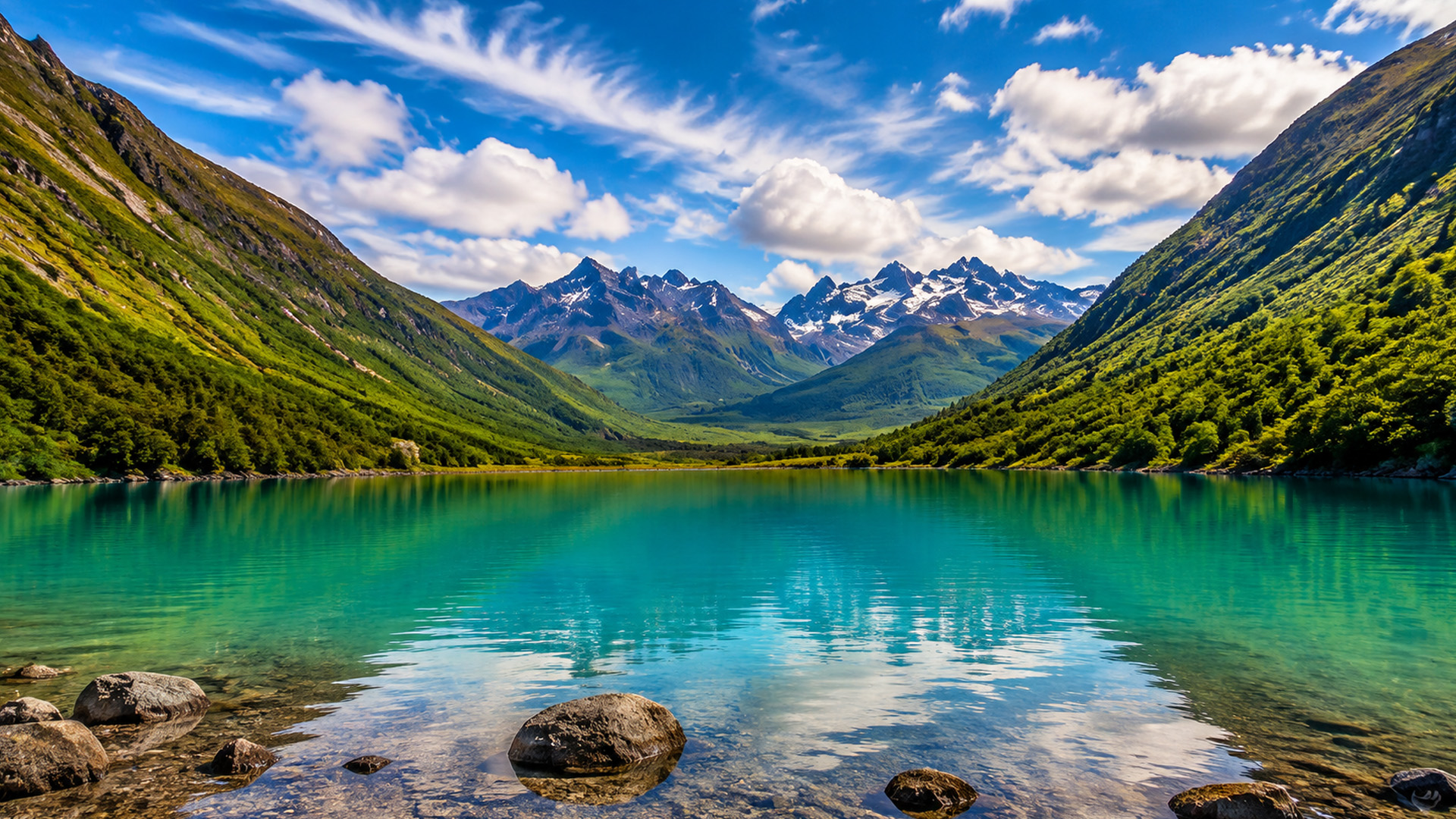 A turquoise lake hidden between snowy mountain peaks
