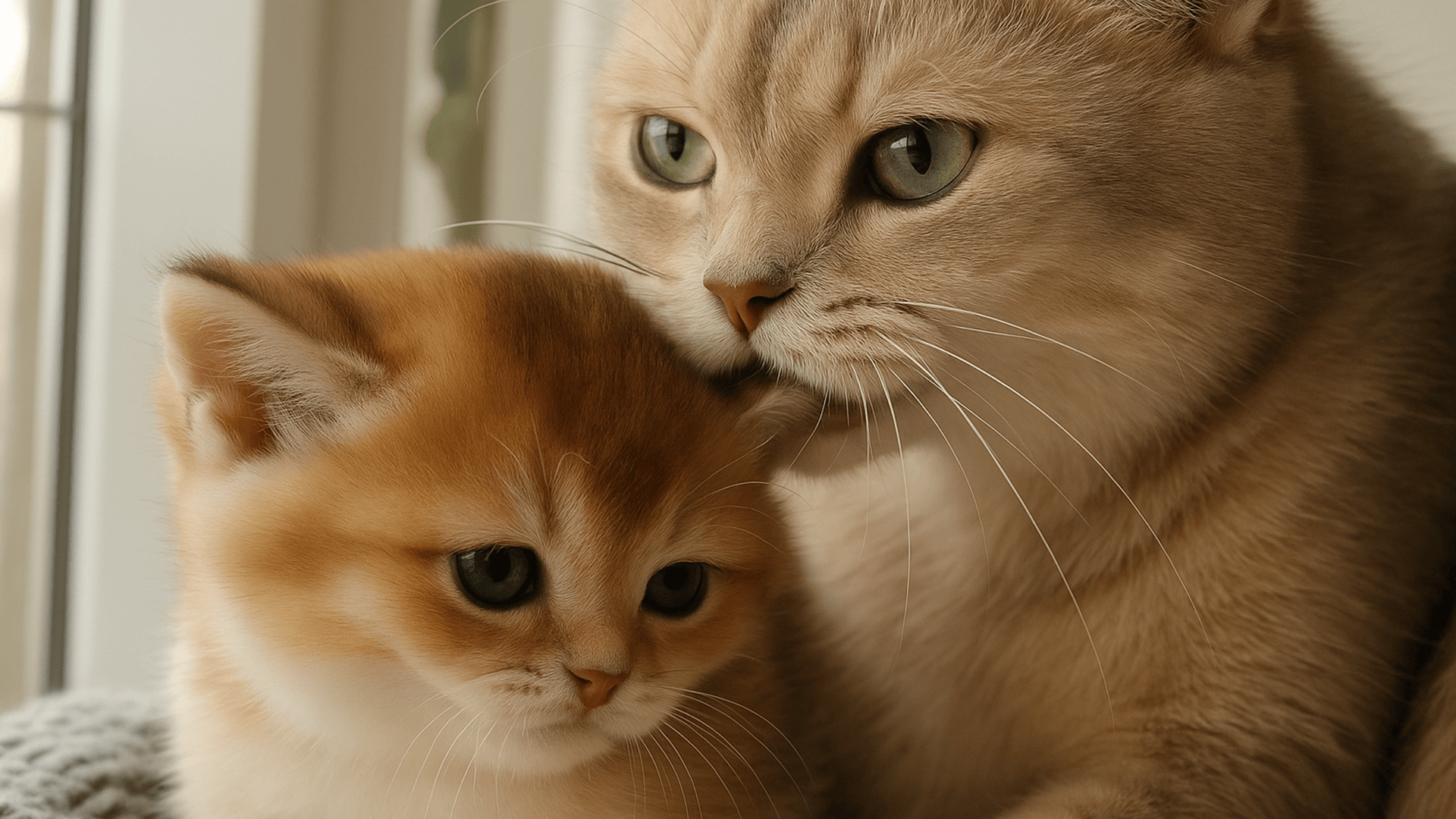 Mother cat gently caring for her kitten