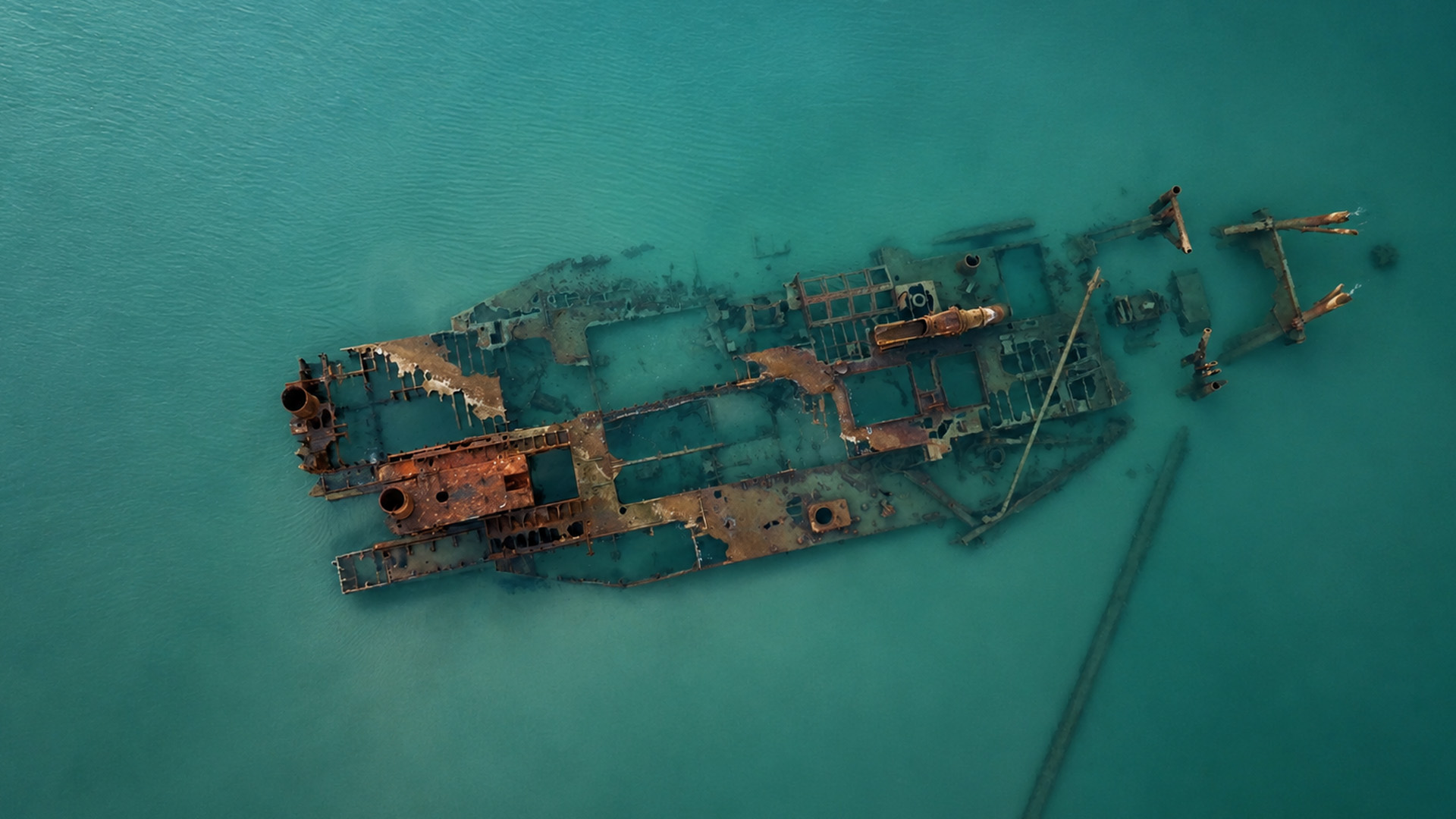 Rusting steel hidden beneath clear water