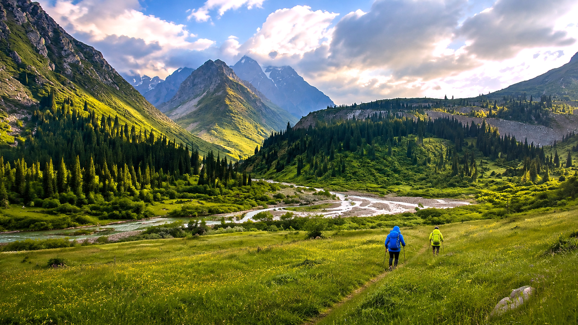 Kazakhstan mountain valleys with rivers and green landscapes
