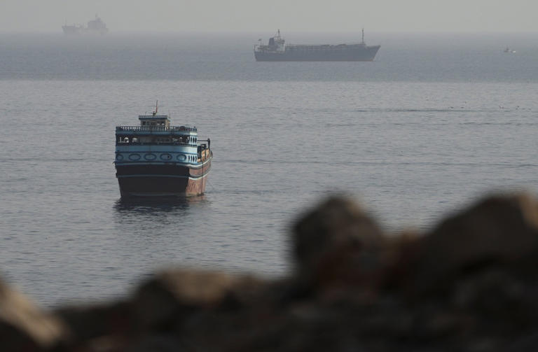 Vessels in the Strait of Hormuz, as seen from Musandam, Oman, on Monday.