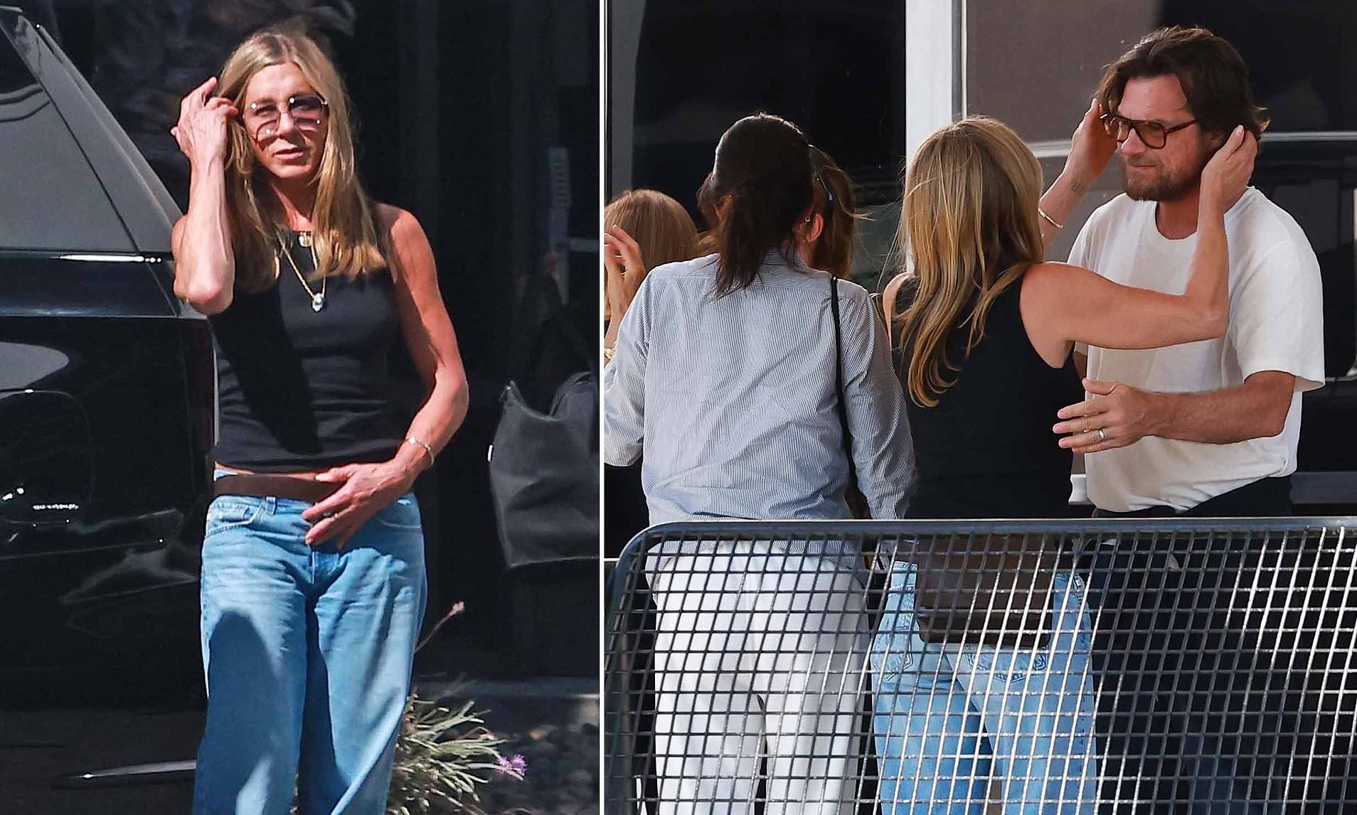 Jennifer Aniston gives Courteney Cox and Jason Bateman hugs as they exit jet after Spanish vacation