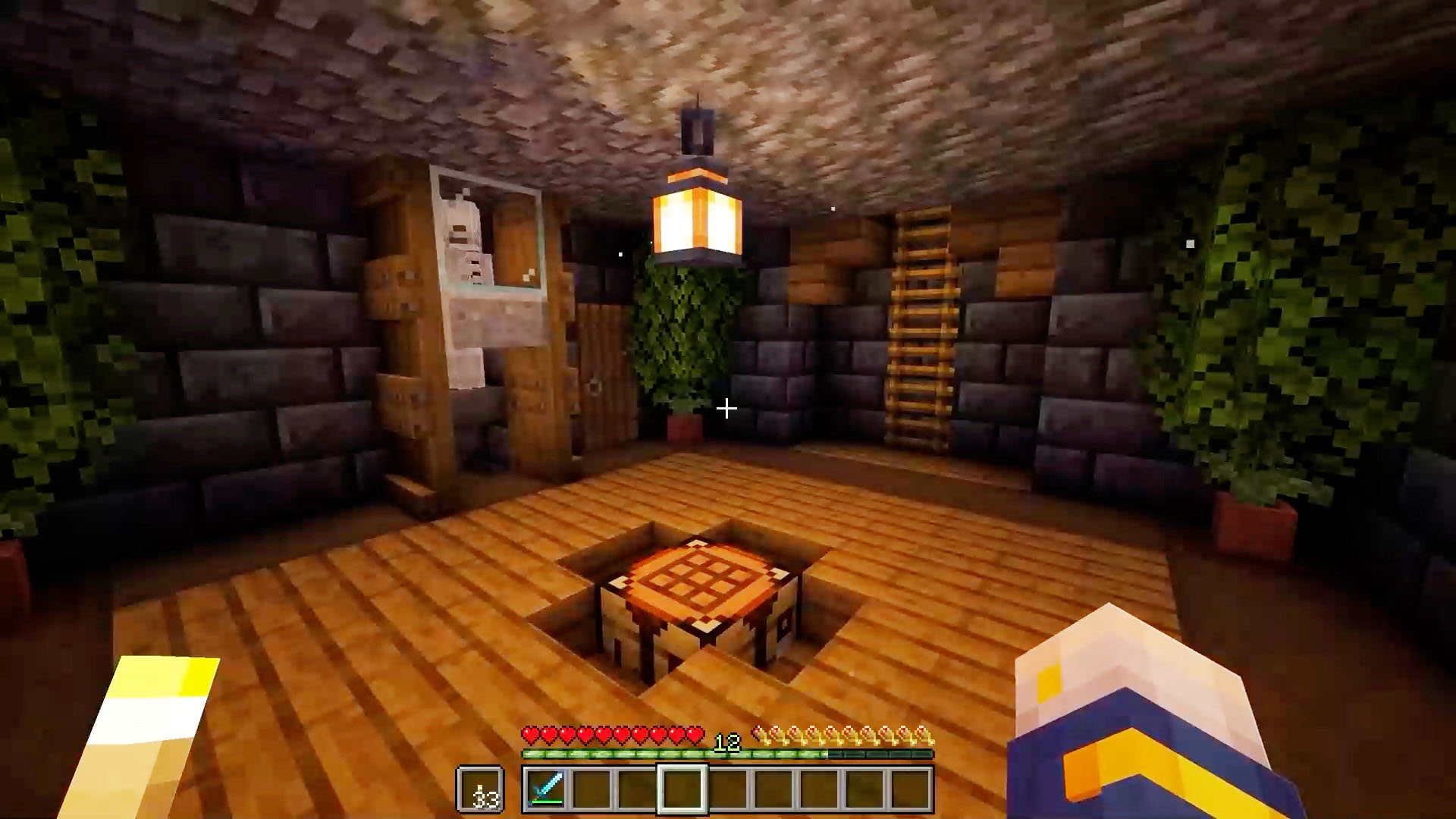 A survival mob farm design with storage and crafting area