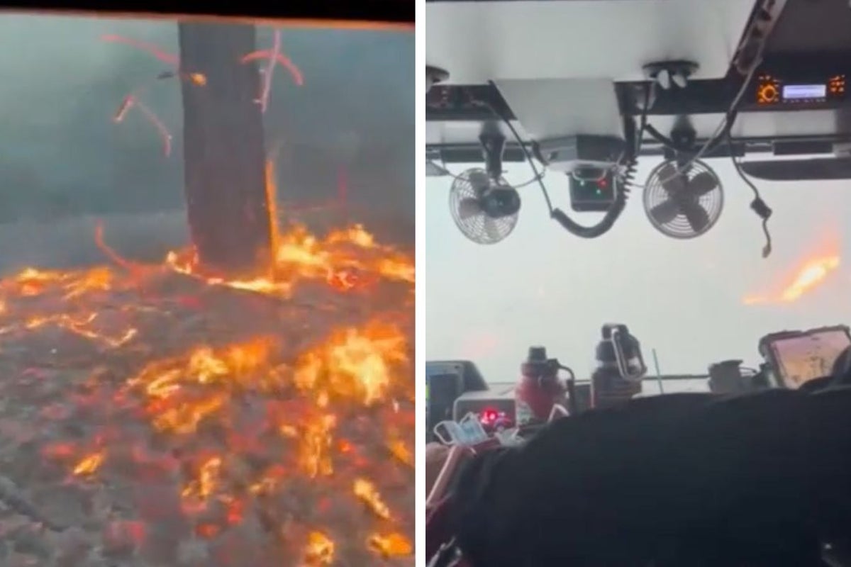 Inside a firefighter's cab as they drive through raging wildfires