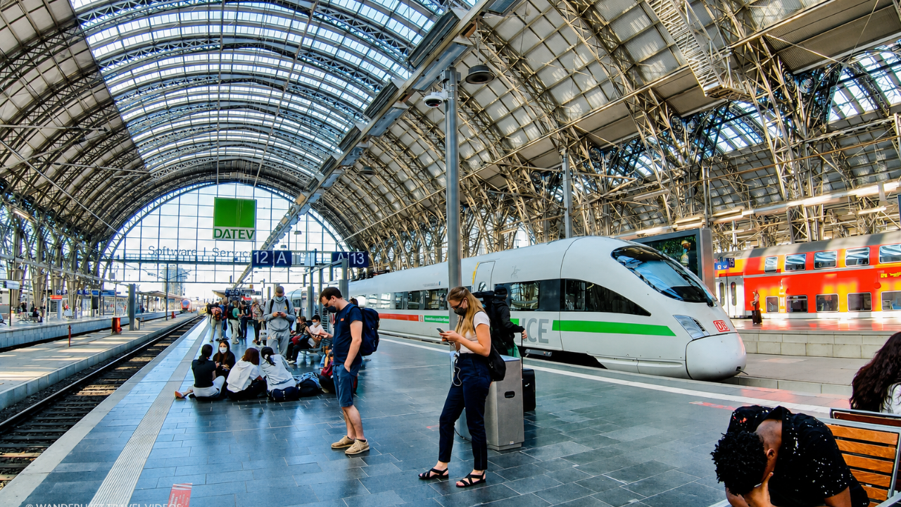 A high-speed ICE train beneath Frankfurt’s historic glass roof (4K)