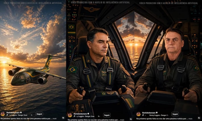 V�deo mostra Fl�vio e Jair Bolsonaro pilotando uma aeronave militar Foto: @flaviobolsonaro via Instagram