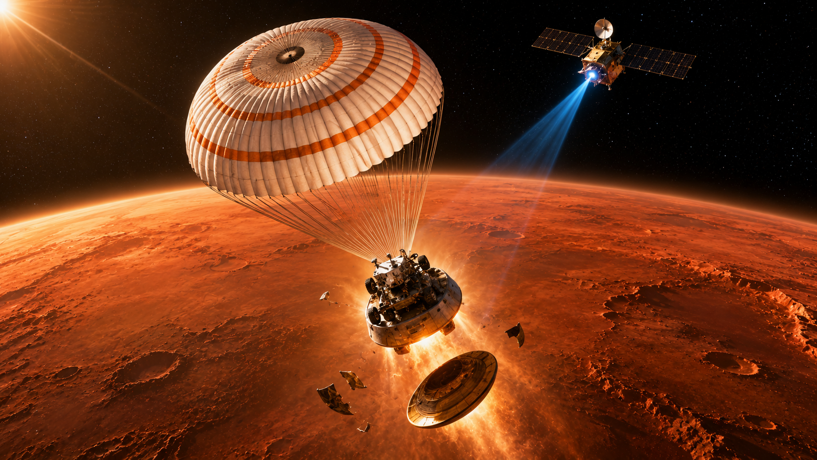Mars landing from orbit - satellite footage of a probe touchdown