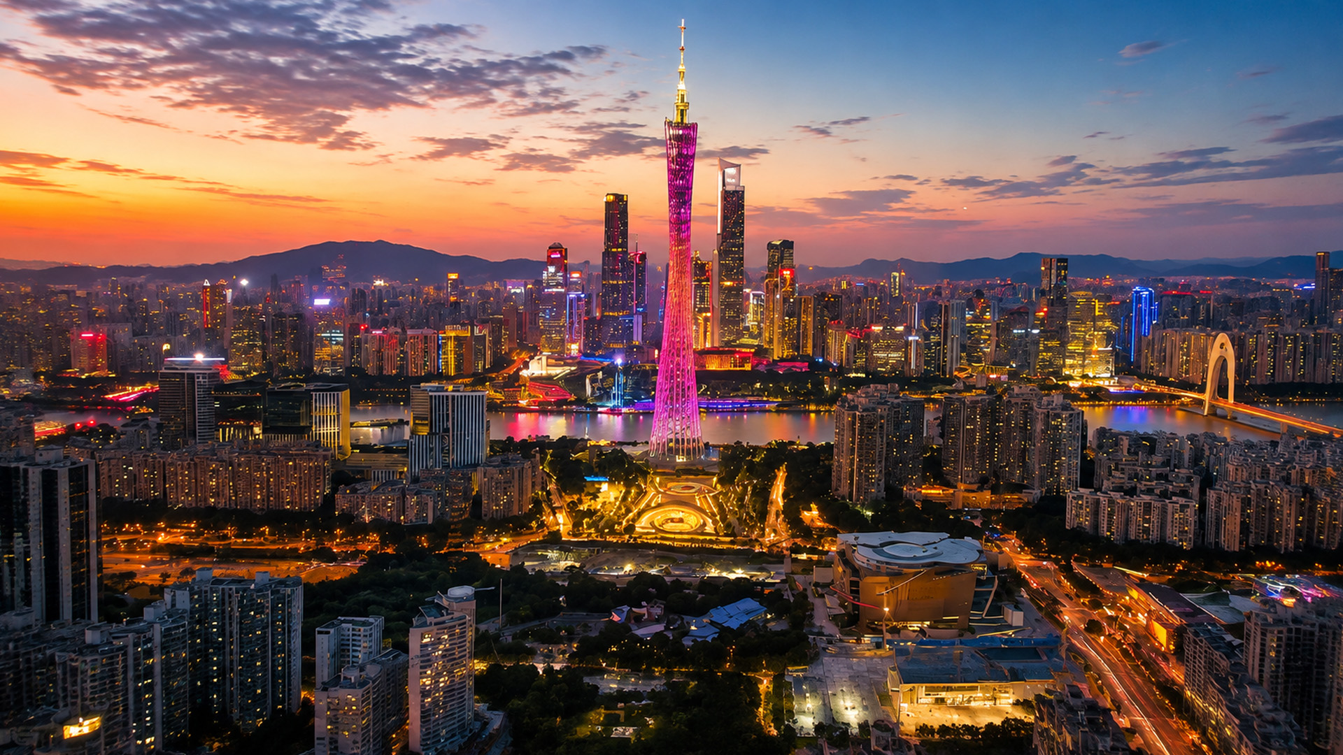 Guangzhou glowing around Canton Tower at night