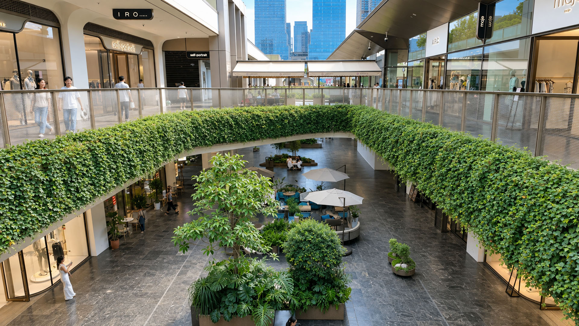 A living green walkway defines this contemporary shopping complex