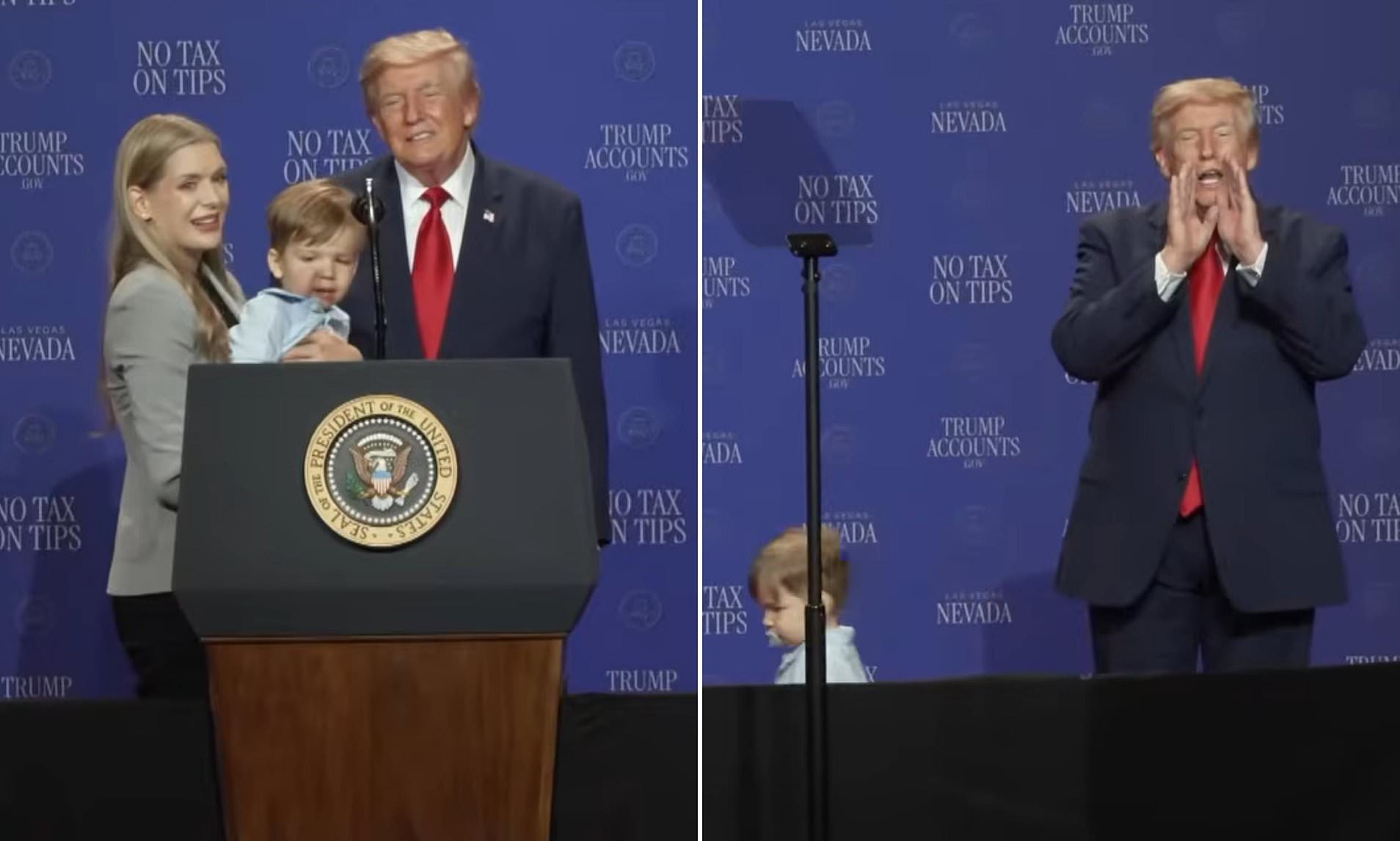 Trump rushes to save toddler from falling off stage while joking about ...