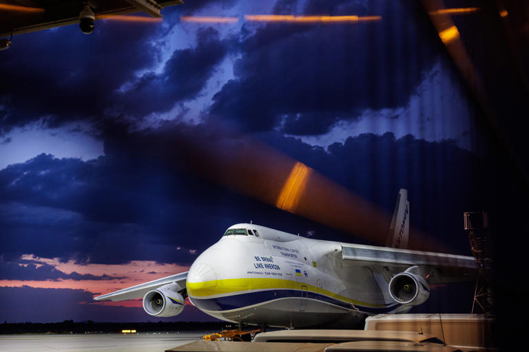 A Ukrainian Antonov cargo plane stands parked at Leipzig/Halle Airport on August 5, 2026 (Getty)