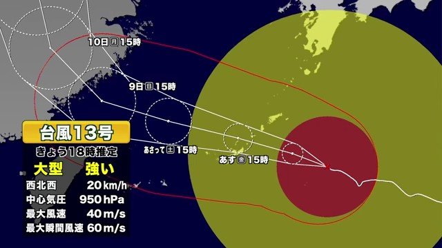 台風13号が奄美直撃へ 最大瞬間風速60m・波10mの猛烈なしけを予想 鹿児島県全域がすでに強風域 気象予報士解説