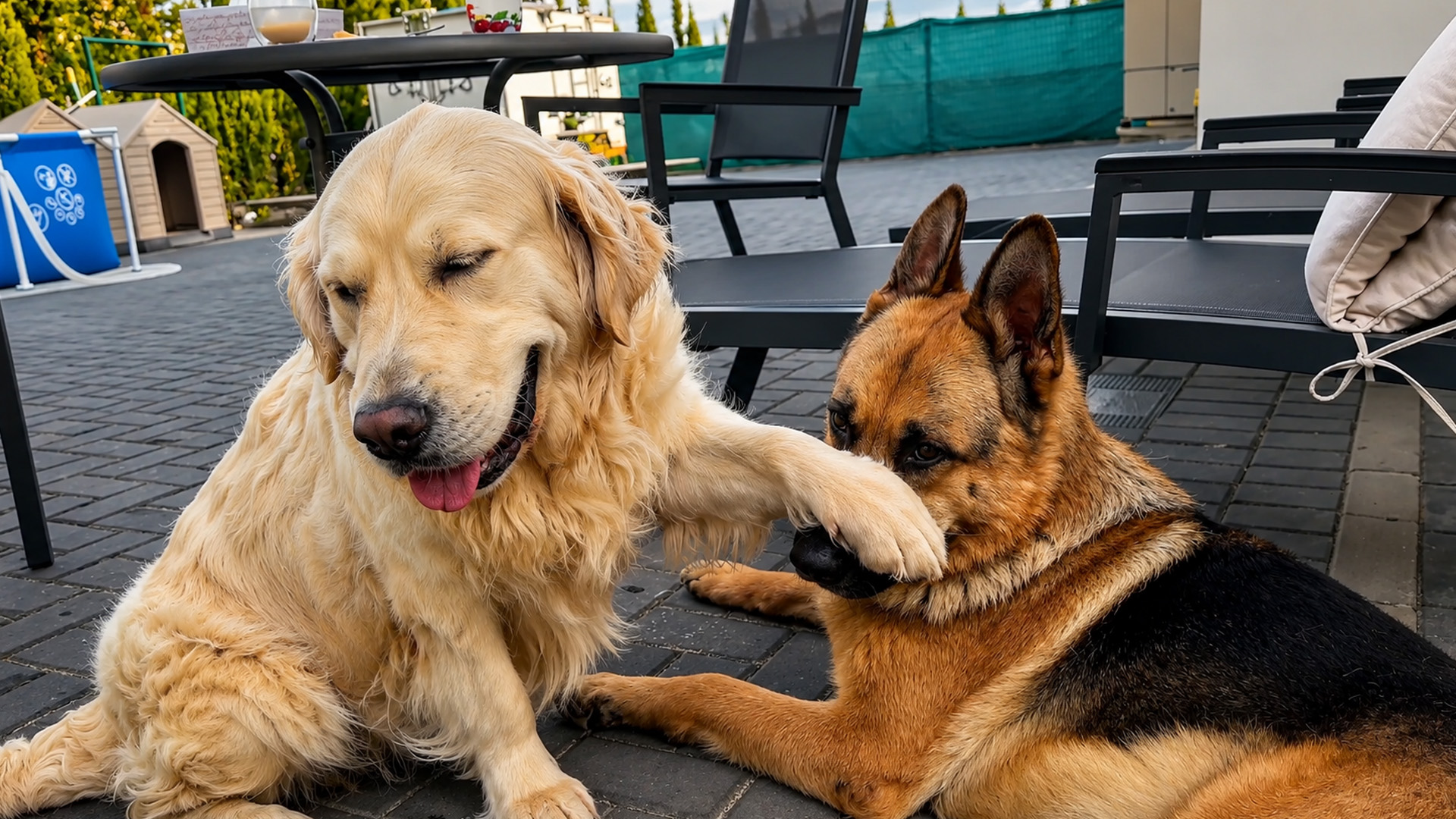 Funny golden retriever keeps bothering German shepherd
