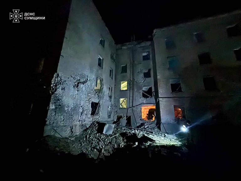 A residential building is damaged following a Russian air attack in Sumy, Ukraine. (Ukrainian Emergency Service via AP)