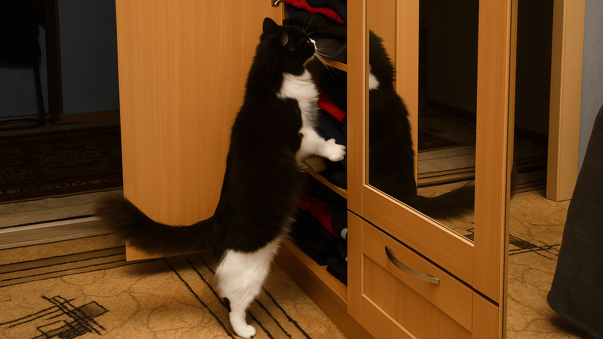 Curious cat explores a closet shelf