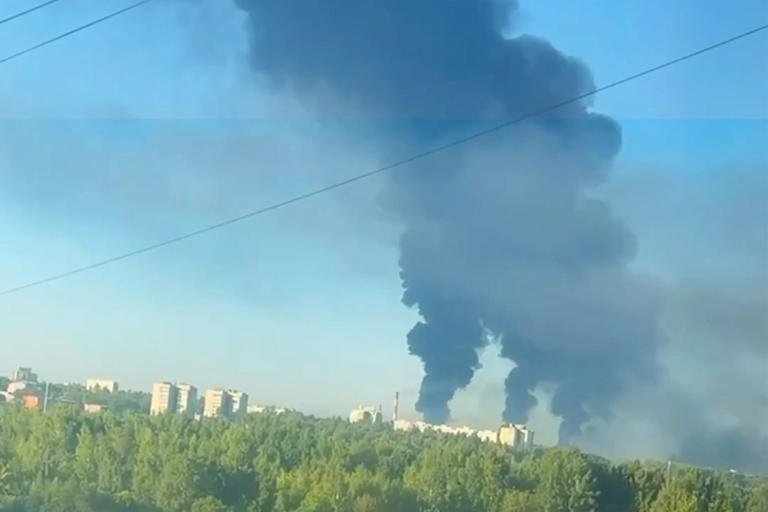 Aftermath of a Ukrainian strike on a Russian oil refinery in Yaroslavl, in a grab from video posted to X by Volodymyr Zelensky. (Volodymyr Zelensky/X)