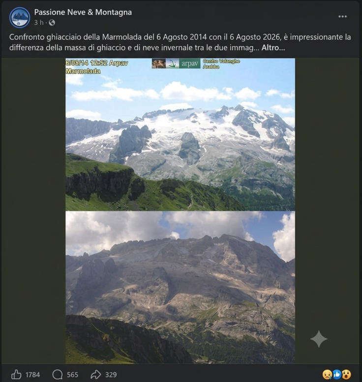 La scomparsa del ghiacciaio della Marmolada documentata da due foto