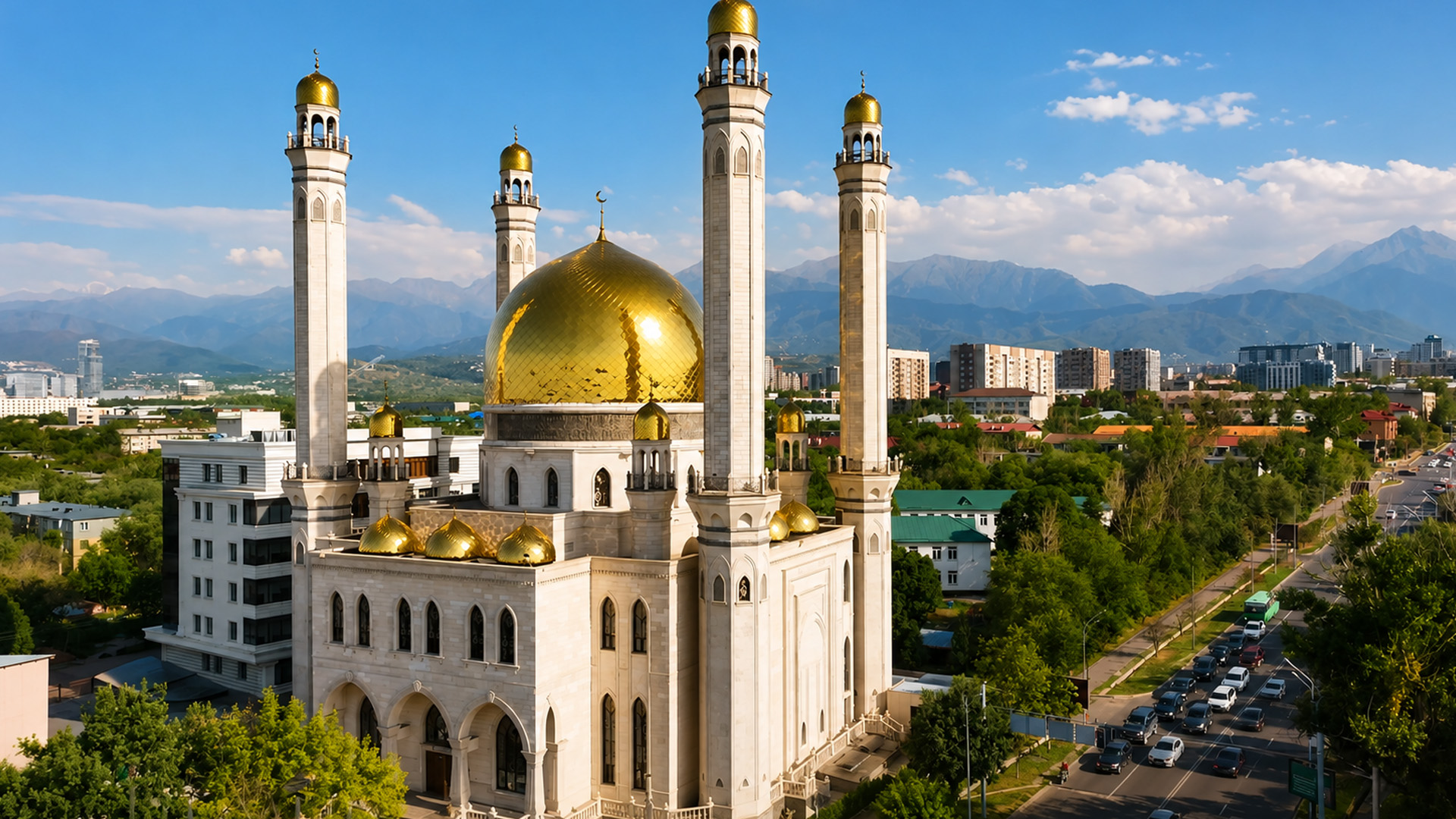 Golden dome beneath the Tian Shan mountains