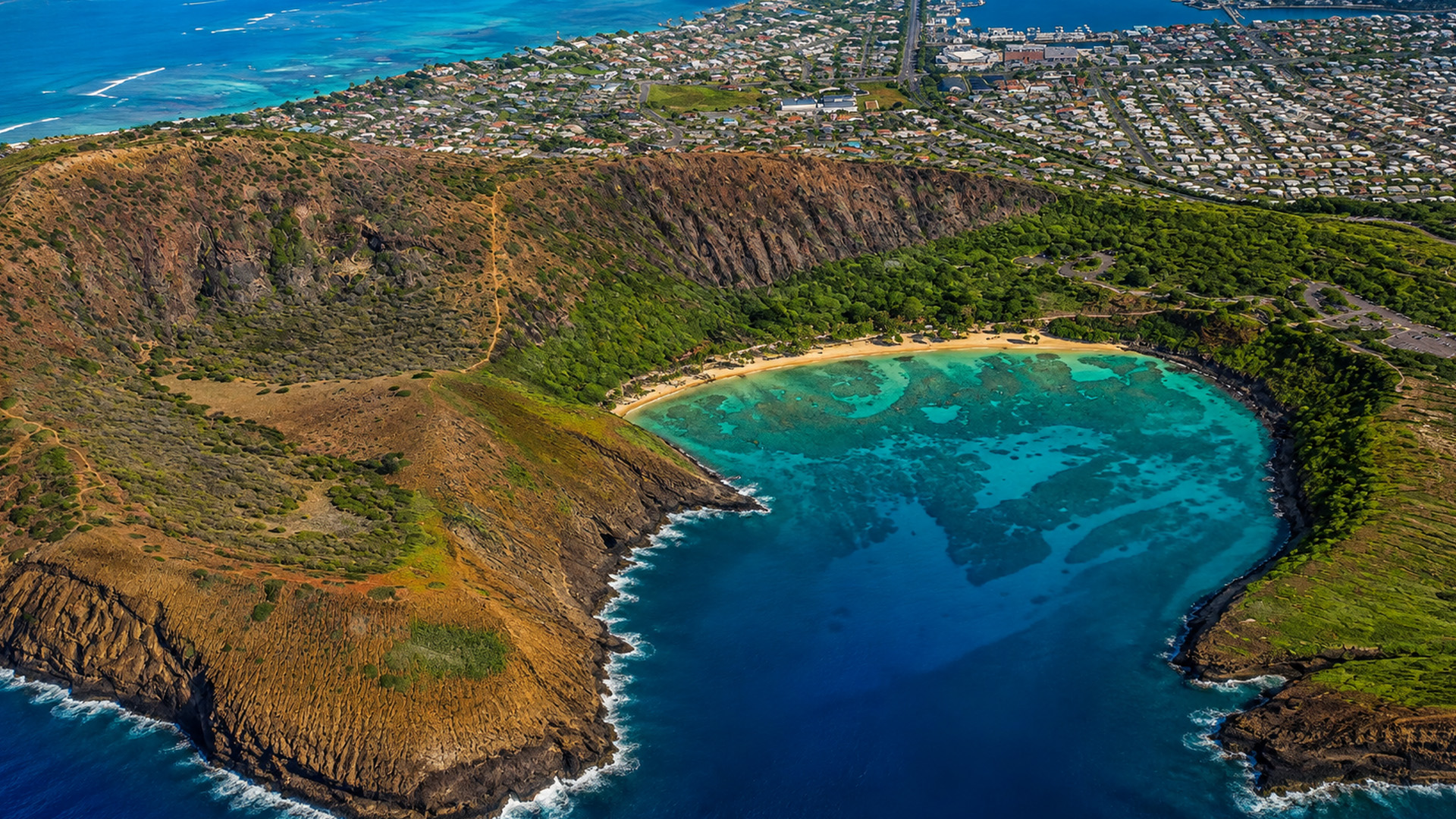 Hanauma Bay crater and coastline from above
