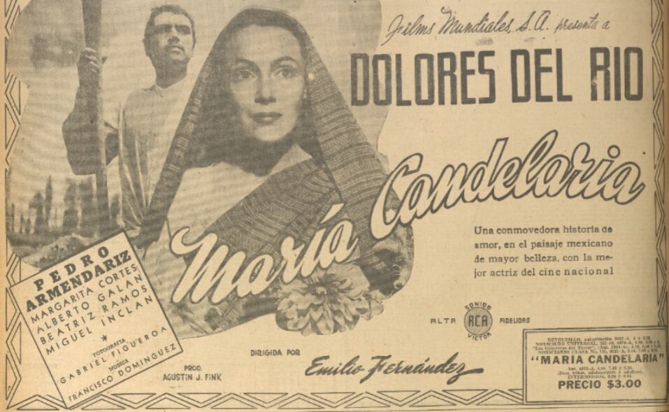 Publicidad de la película "María Candelaria" en EL UNIVERSAL, enero de 1944. Hemeroteca EL UNIVERSAL.