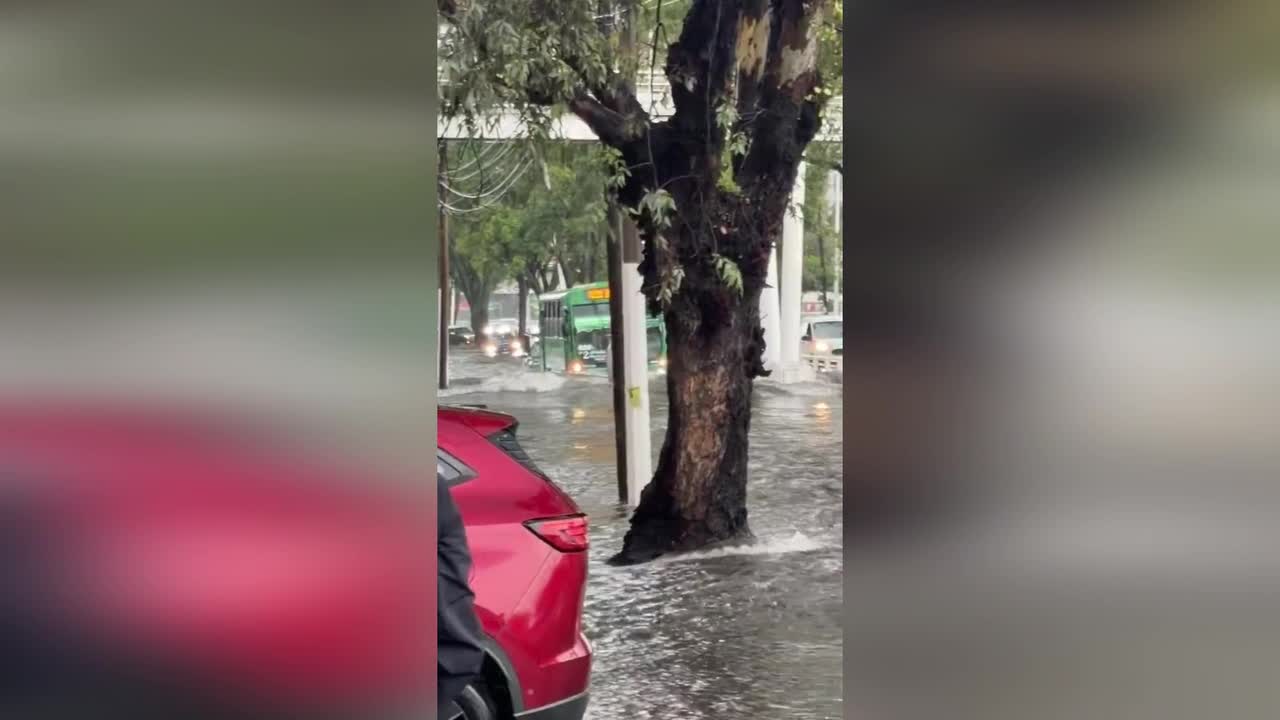 Mexico floodwaters swallow road as vehicles push through deep water
