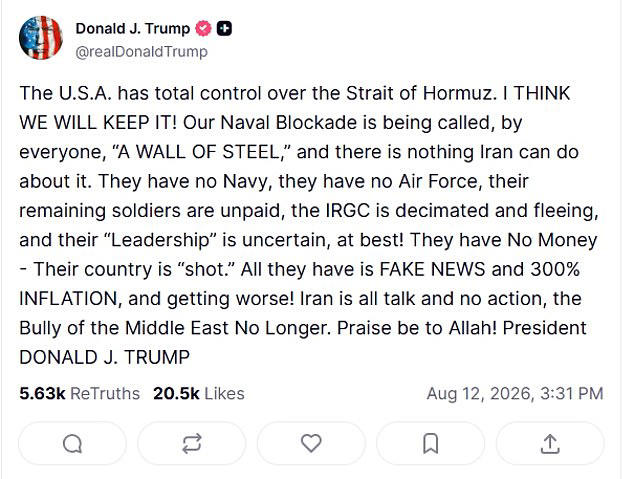 The remarks came a day after U.S. President Donald Trump wrote on his Truth Social platform that the U.S. had 'total control' of the strategic waterway