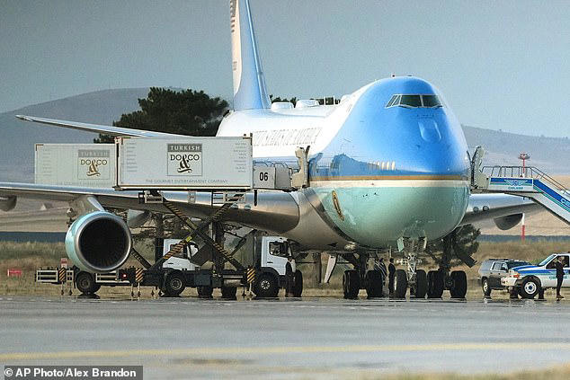 A catering truck was visibly parked on the opposite side of Air Force One after Donald Trump boarded the plane in Ankara, Turkey, on July 8