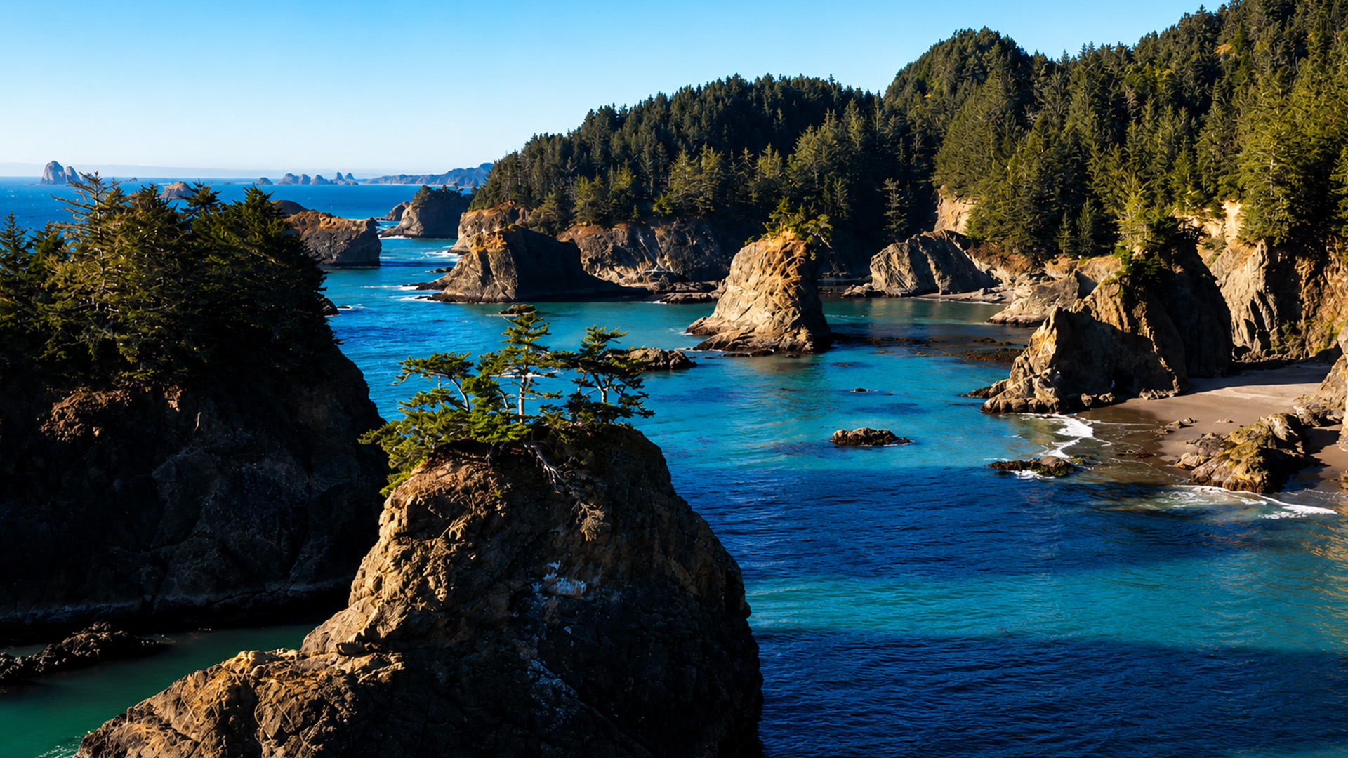 What lies behind these coastal rock formations?