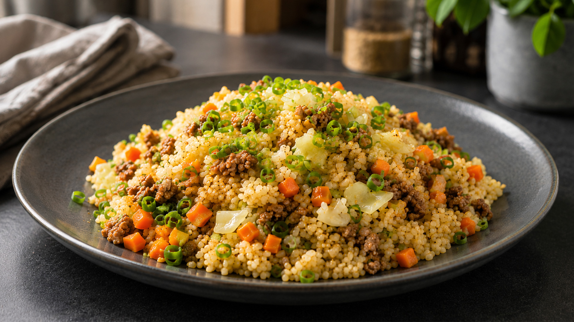 What gives beef chao fan its savory fried rice flavor?