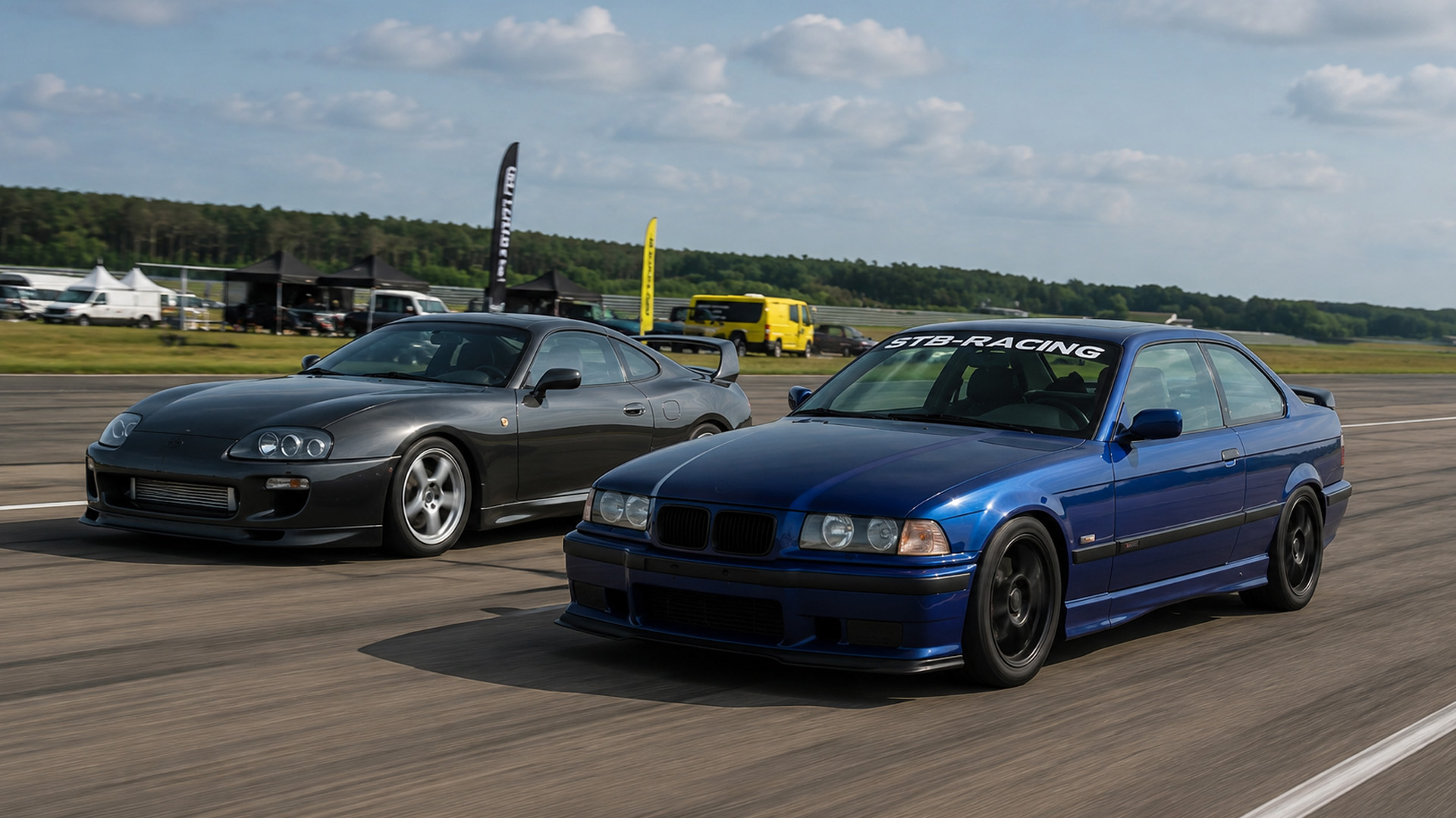 Modified performance cars meet in drag racing