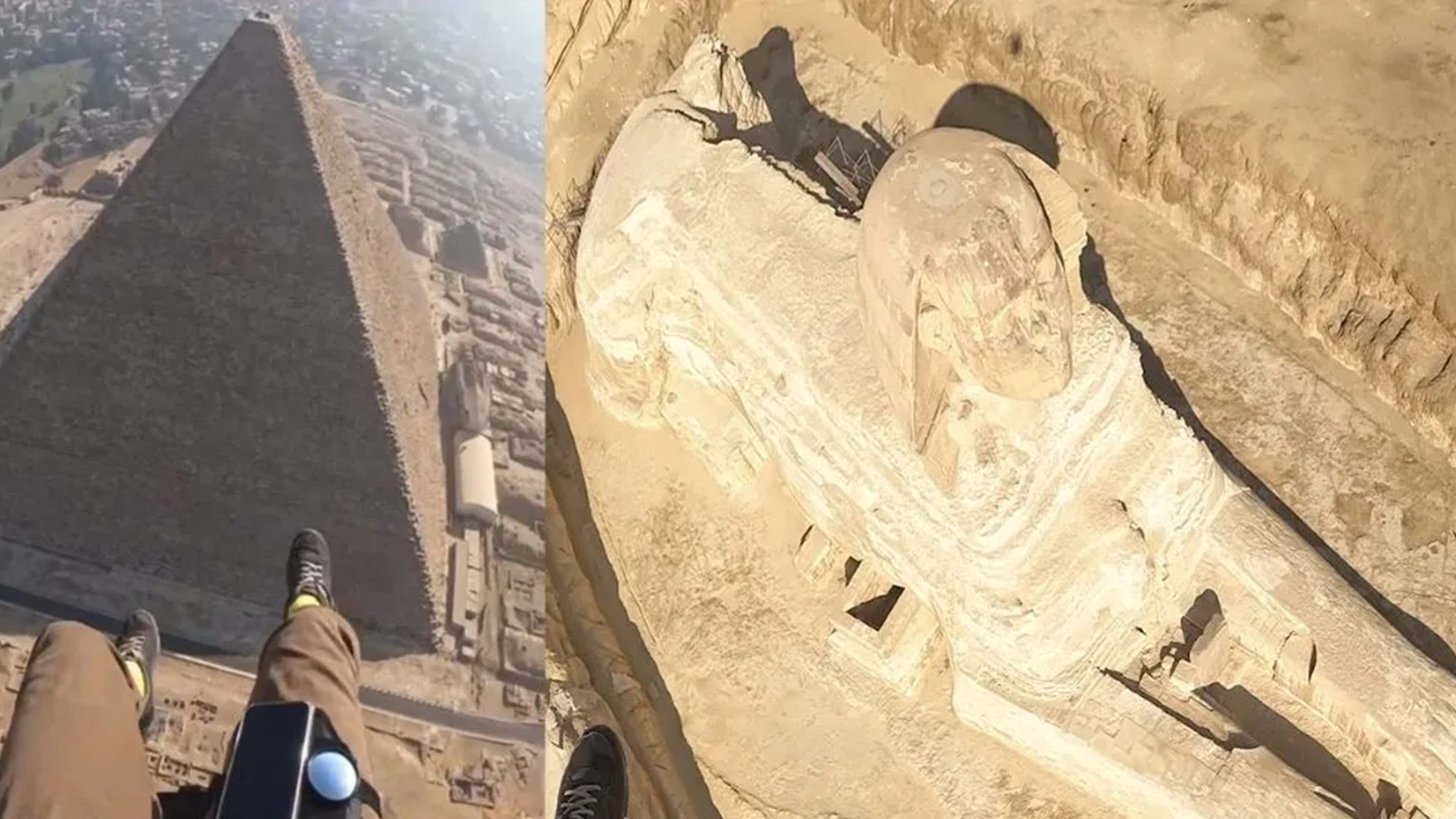 Paramotor pilot soars over Egypt's pyramids