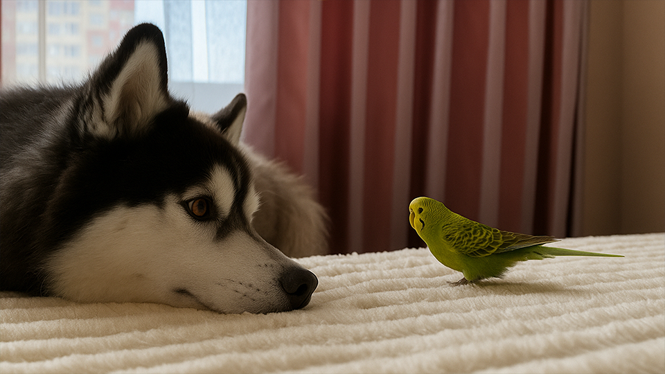Husky meets a tiny green budgie on the bed