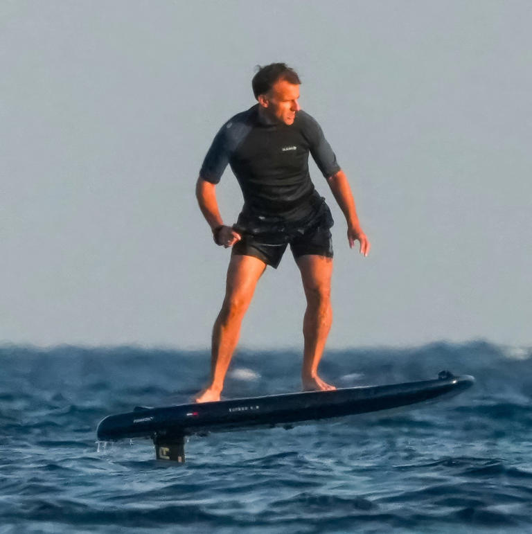 Mr Macron showed off his balancing skills on a hover foil - Backgrid UK