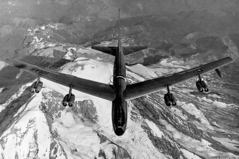 B-52 Stratofortress over Mount Rainier circa 1950. (Corbis/Getty Images)