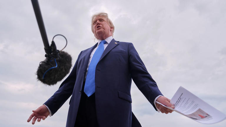 President Donald Trump speaks with reporters. Pic: AP