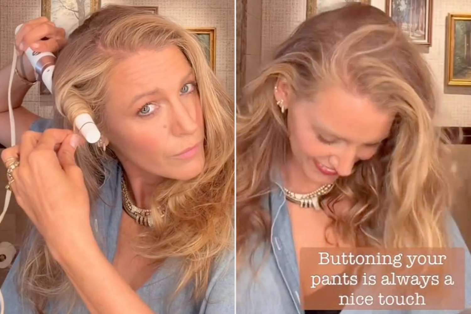 Blake Lively nearly forgets to button her pants before heading out the door after hair tutorial video
