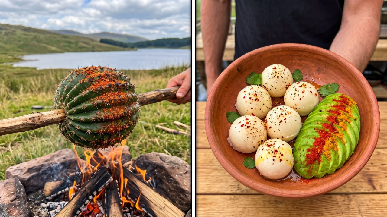 Wild outdoor cooking: Cactus, fish, and aloe over the campfire