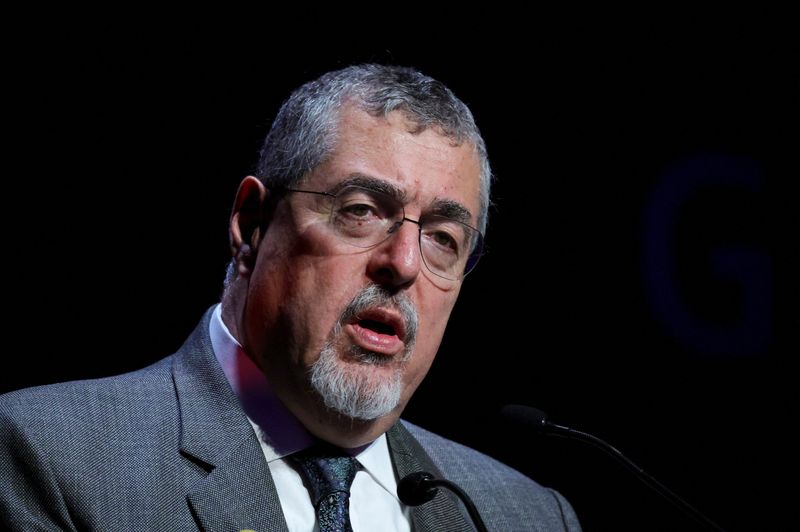 FILE PHOTO: Guatemala's President Bernardo Arevalo delivers a speech during the Global Gateway Forum in Brussels, Belgium October 9, 2025. REUTERS/Yves Herman/ File Photo