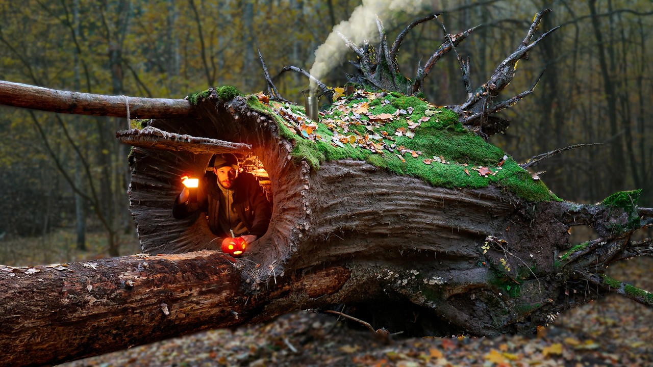 Surviving in a secret shelter beneath a fallen spruce