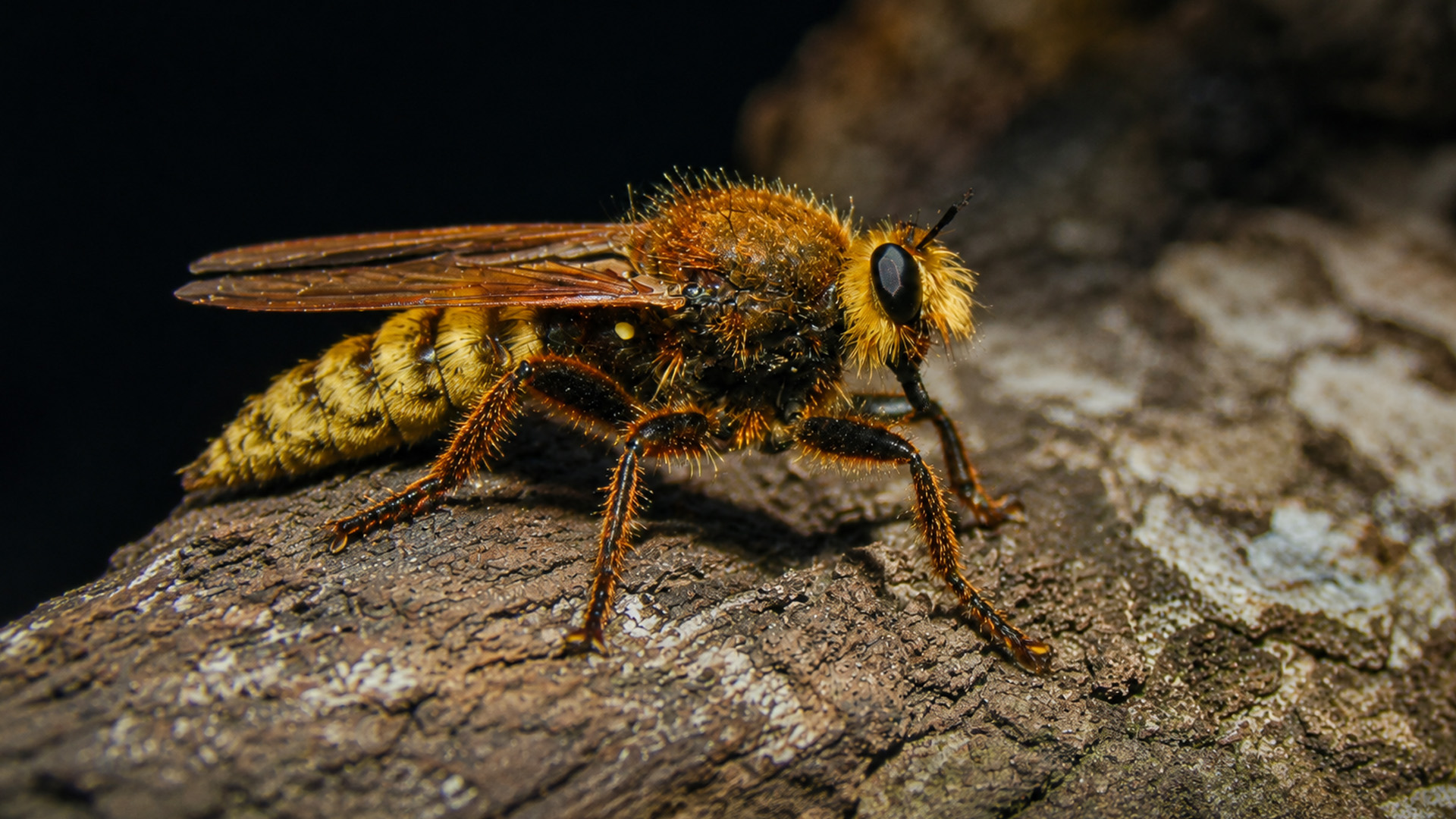 Hairy robber fly rests on rough bark on hidden camera