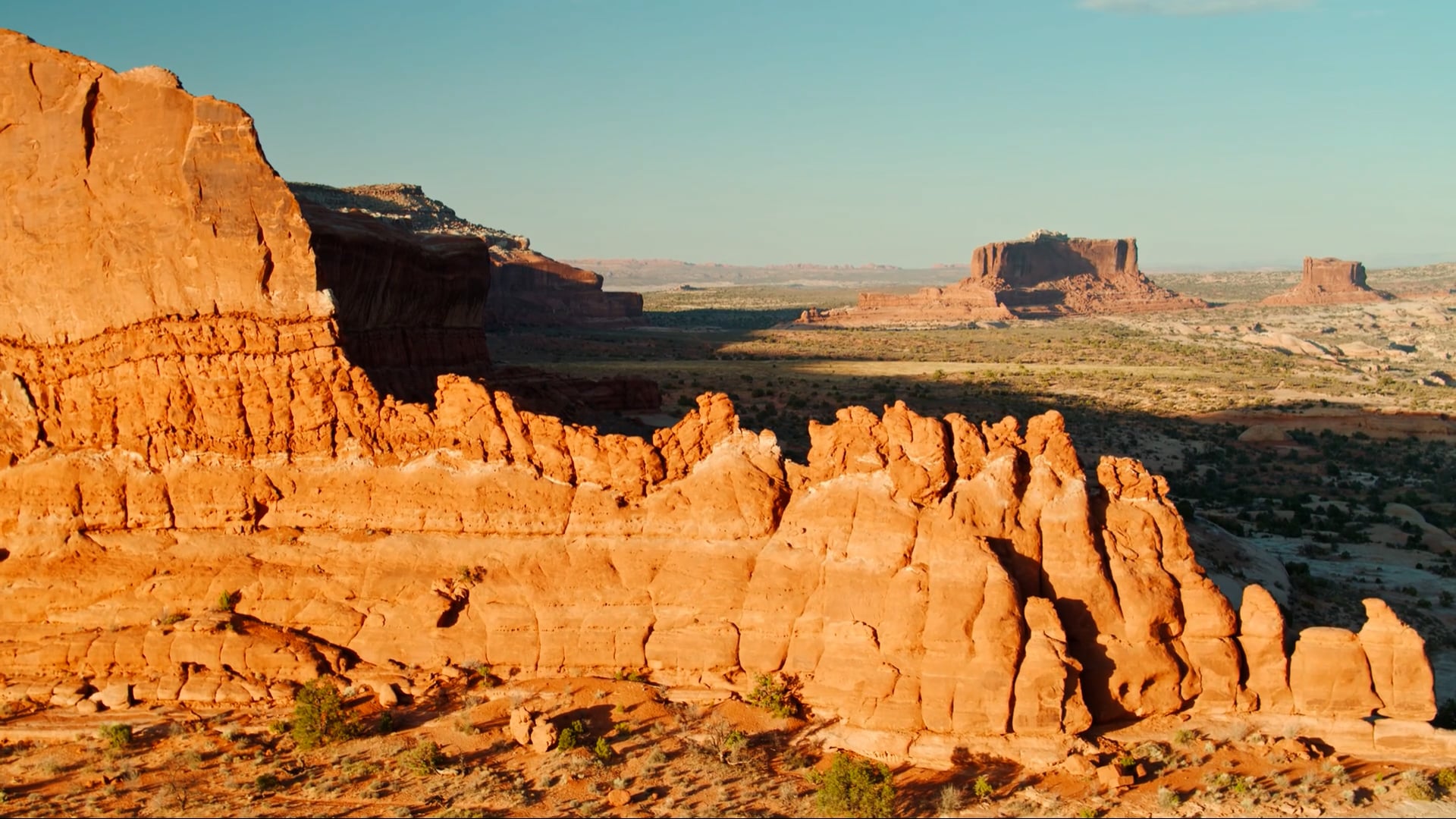 Aerial perspectives of the red rock formations and Arches National Park ...