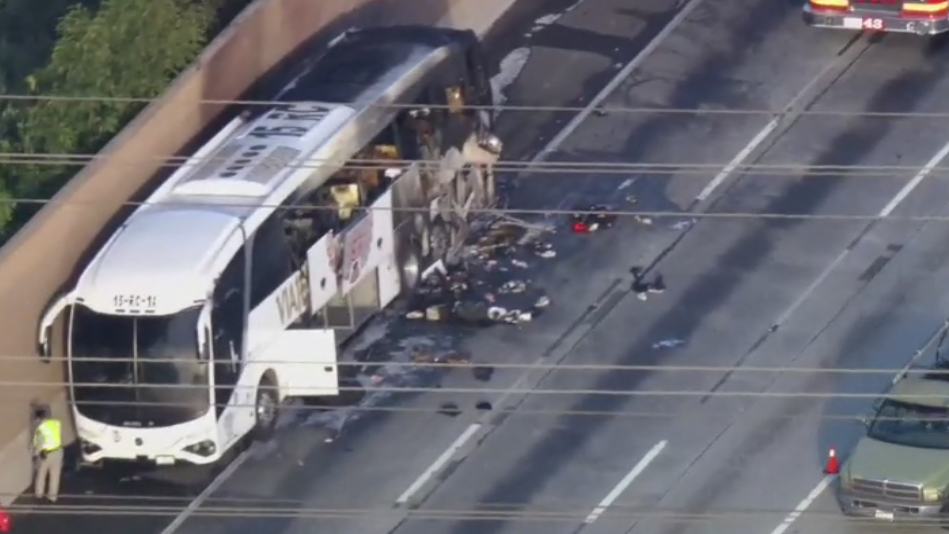 1 dead, 1 injured in tour bus fire on the 60 Freeway in the City of Industry