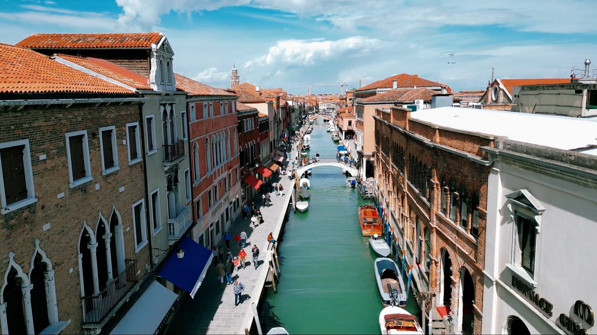 Aerial footage showcases the stunning scenery of Venice's canals