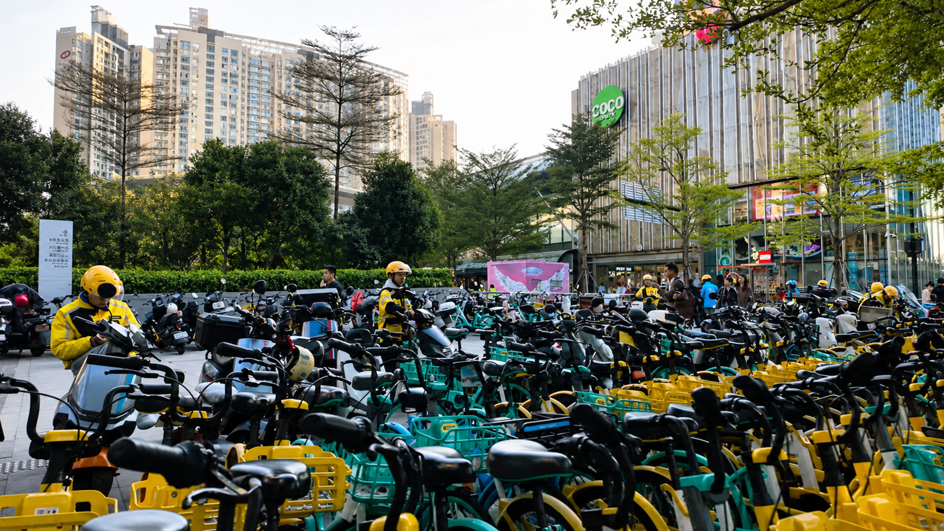 Thousands of electric bikes fill this modern Chinese plaza