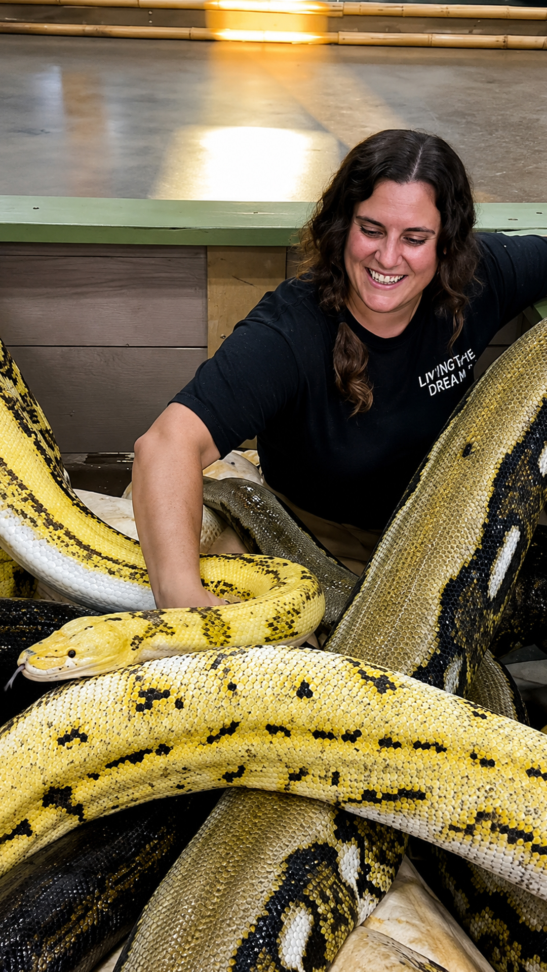 What cuddle time looks like with several enormous reticulated pythons