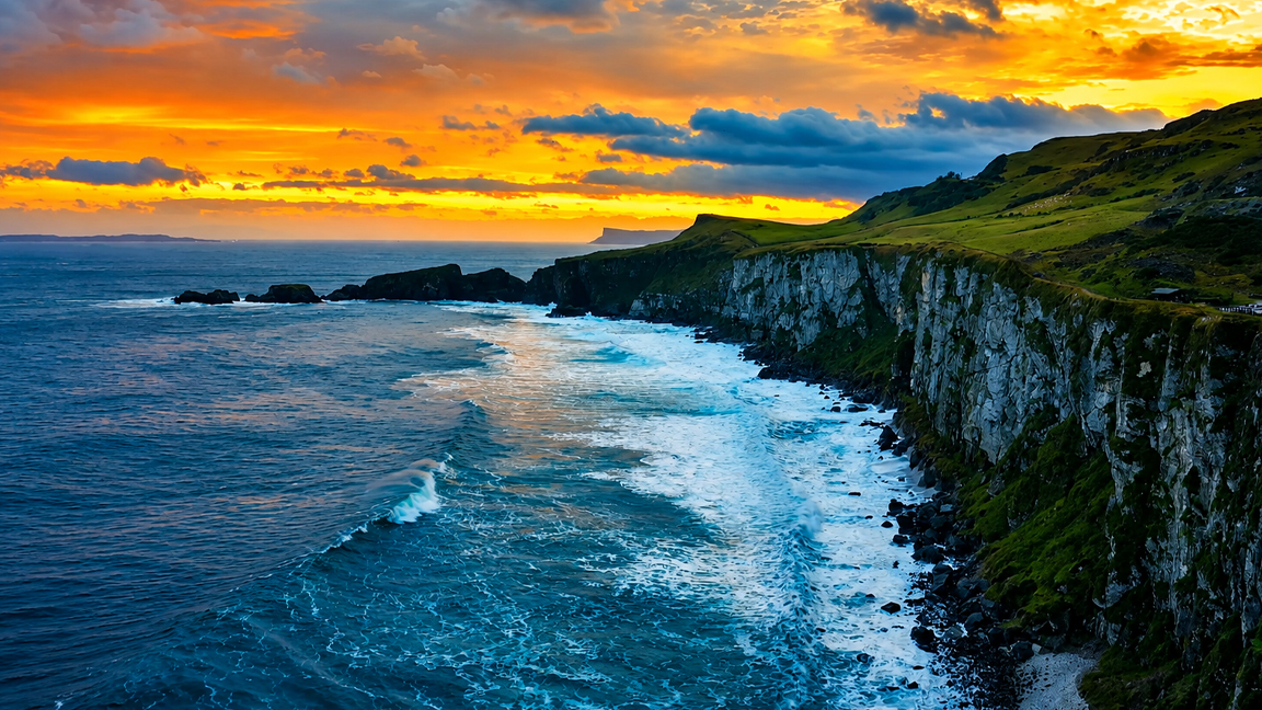 Dramatic sunset over a rugged coastal cliff